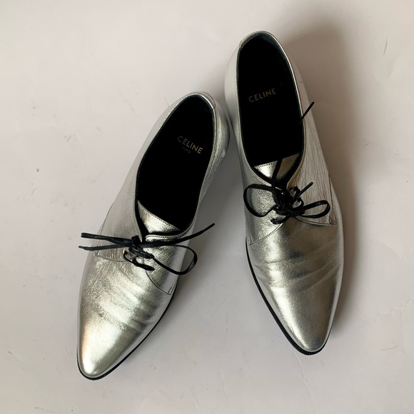 Celine Shoes | Celine Silver Derby Shoe Metallic Oxford 39 | Color: Silver | Size: 39eu | Stylists0wn's Closet